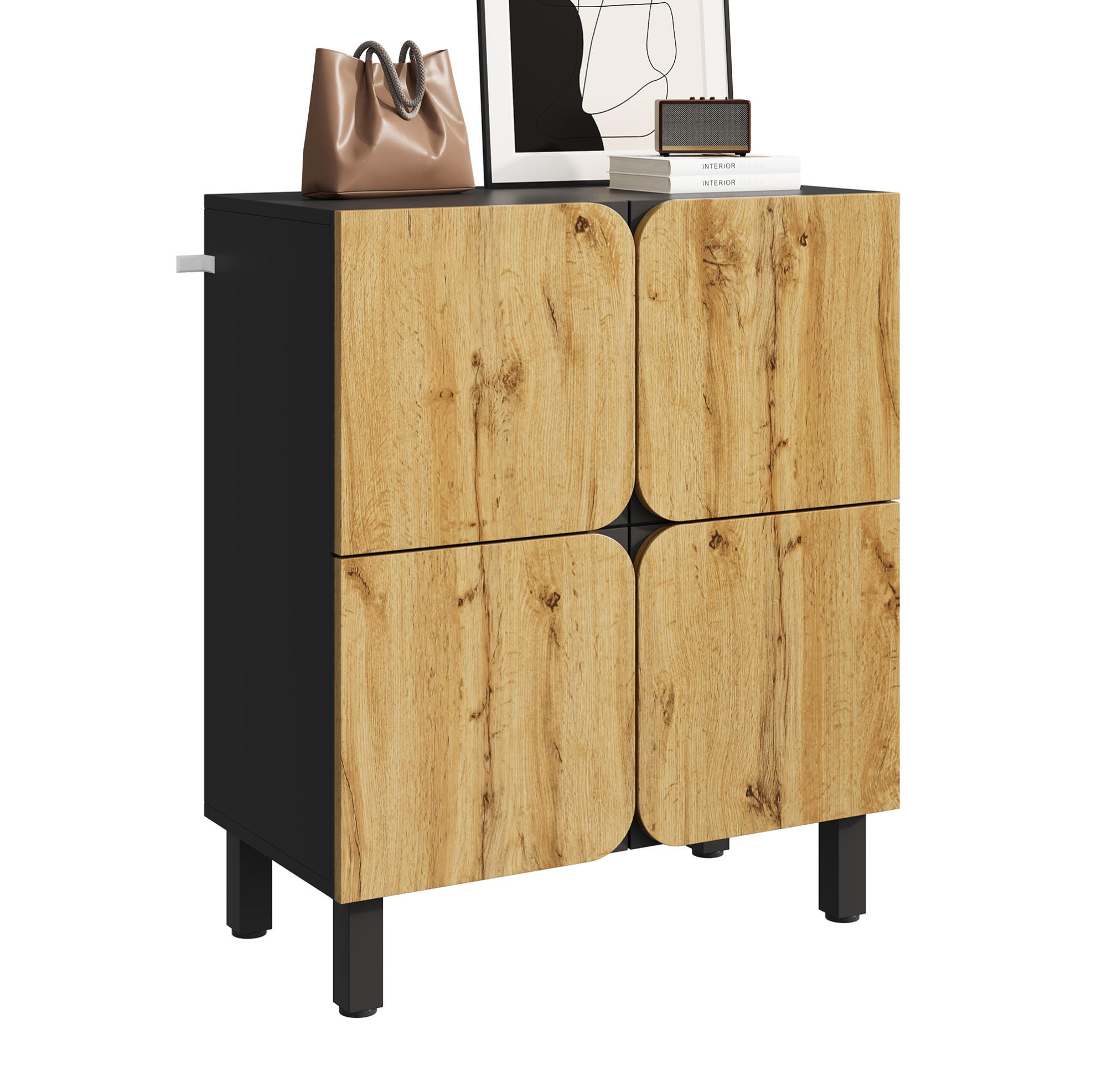 SCHUHSCHRANK 80/38,5/95 cm mit 4 Türen, verstellbaren Einlegeböden und Soft-Close, Schwarz/Natur - Schwarz, Holzwerkstoff (80/95/38.5cm) - Redom