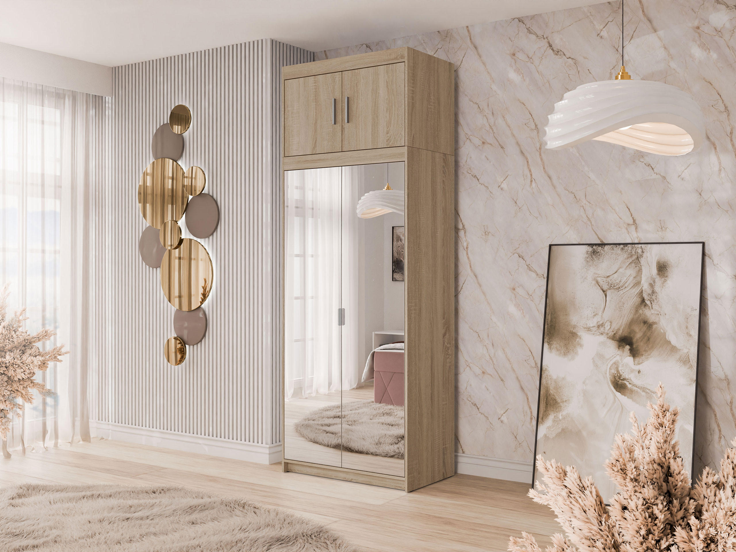 KLEIDERSCHRANK Elena 2D + Schrankaufsatz - Silberfarben/Sonoma Eiche, Holzwerkstoff/Kunststoff (90/246/53cm) - MIRJAN24