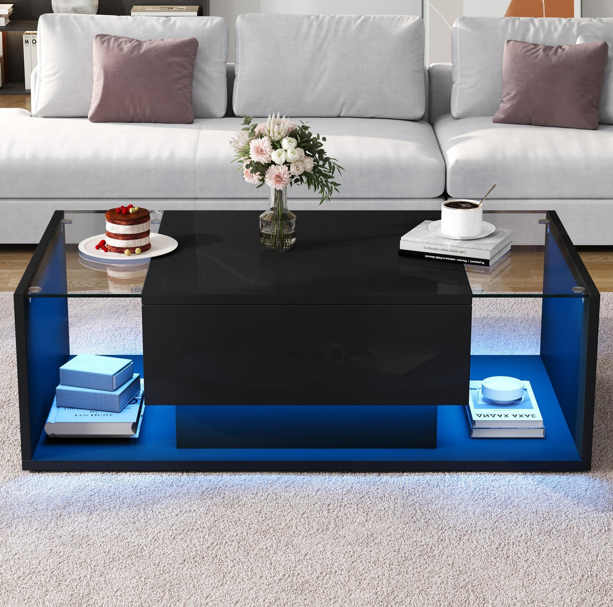COUCHTISCH 100/50/31 cm mit Schublade, LED-Beleuchtung und gehärtetem Glas, Schwarz - Schwarz, Holzwerkstoff (100/50/31cm) - Redom