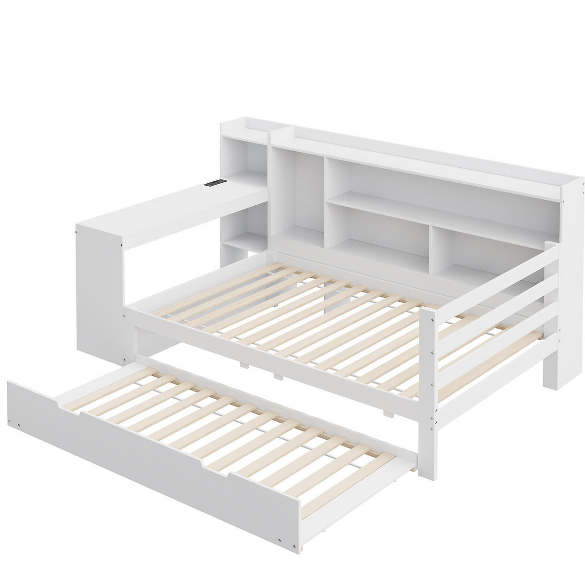BETT 90/200 cm Weiß mit ausziehbarem Unterbett, Schreibtisch und Stauraum - Weiß, Holz (90/200cm) - Flora Grace