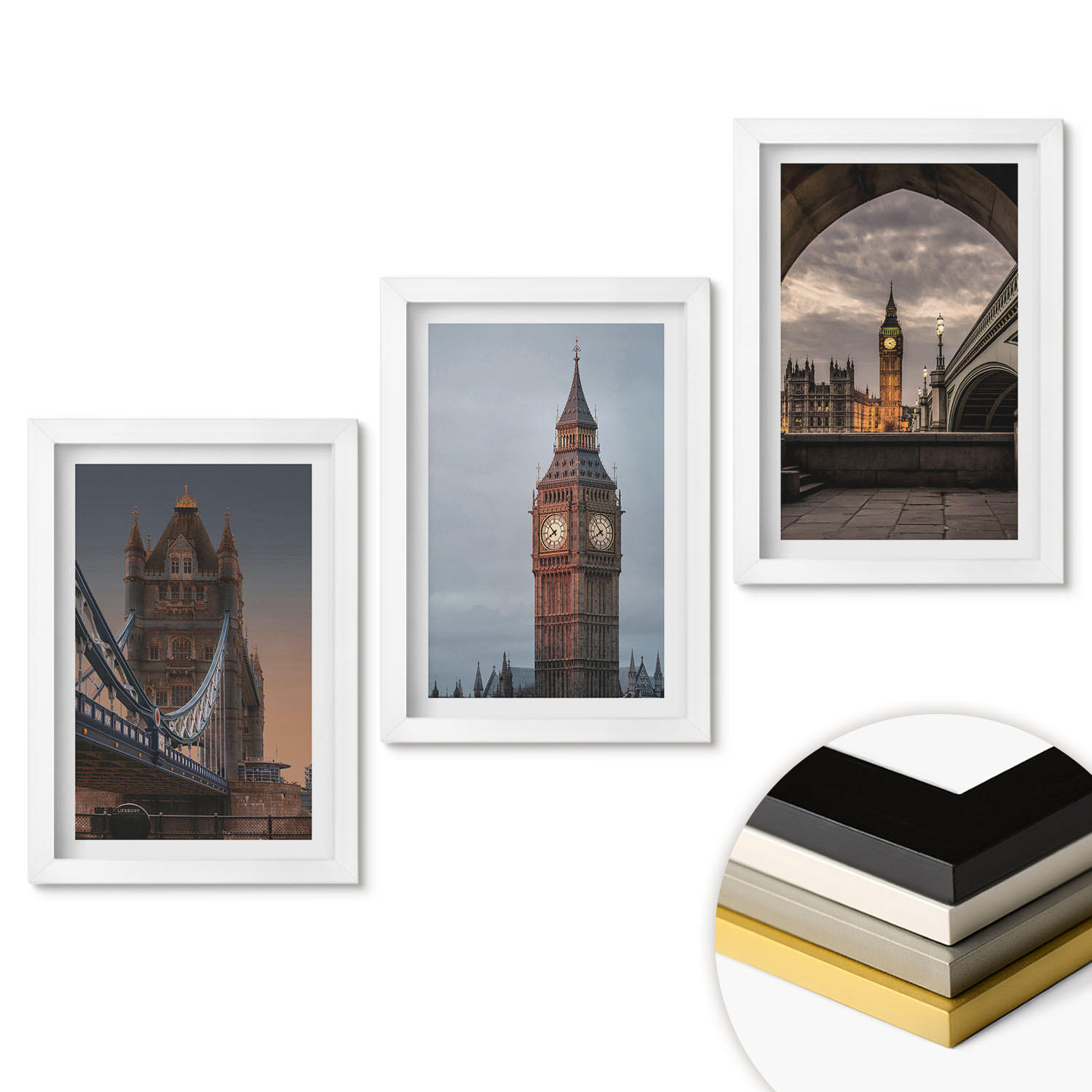 WANDBILDER 3er-Set - 20x30 cm Weißer Rahmen - London Bridge Big Ben Uhr - Weiß, Kunststoff (20/30cm) - ArtPrintCave
