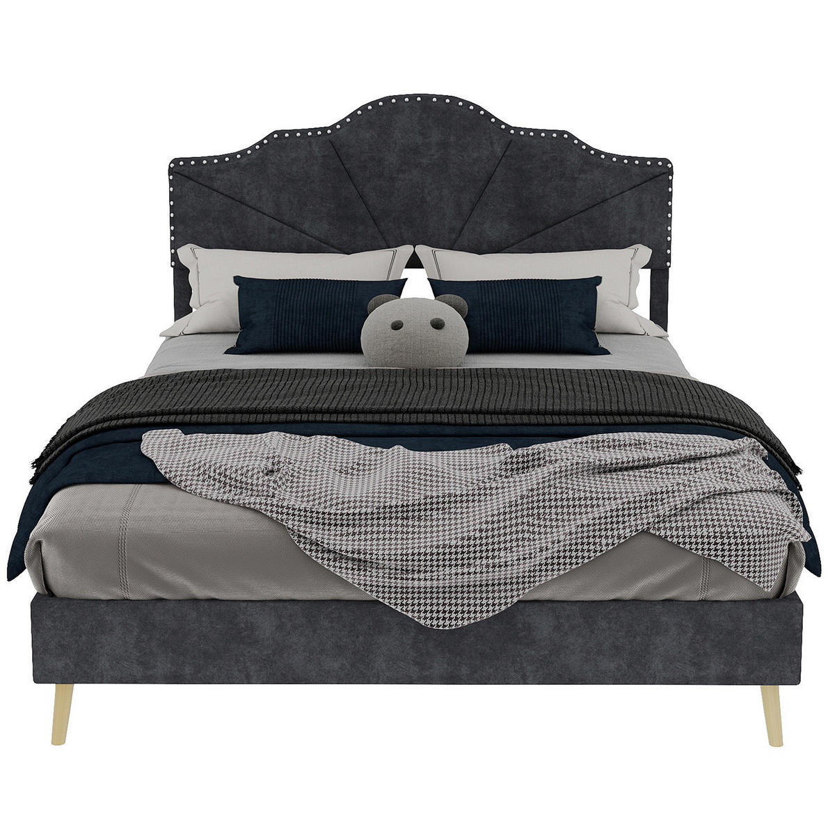 ČALOUNĚNÁ postel 140/200 cm šedá z látky a kovu s geometrickým čelem a lamelovým roštem - šedá, textil (140/200cm) - OKWISH