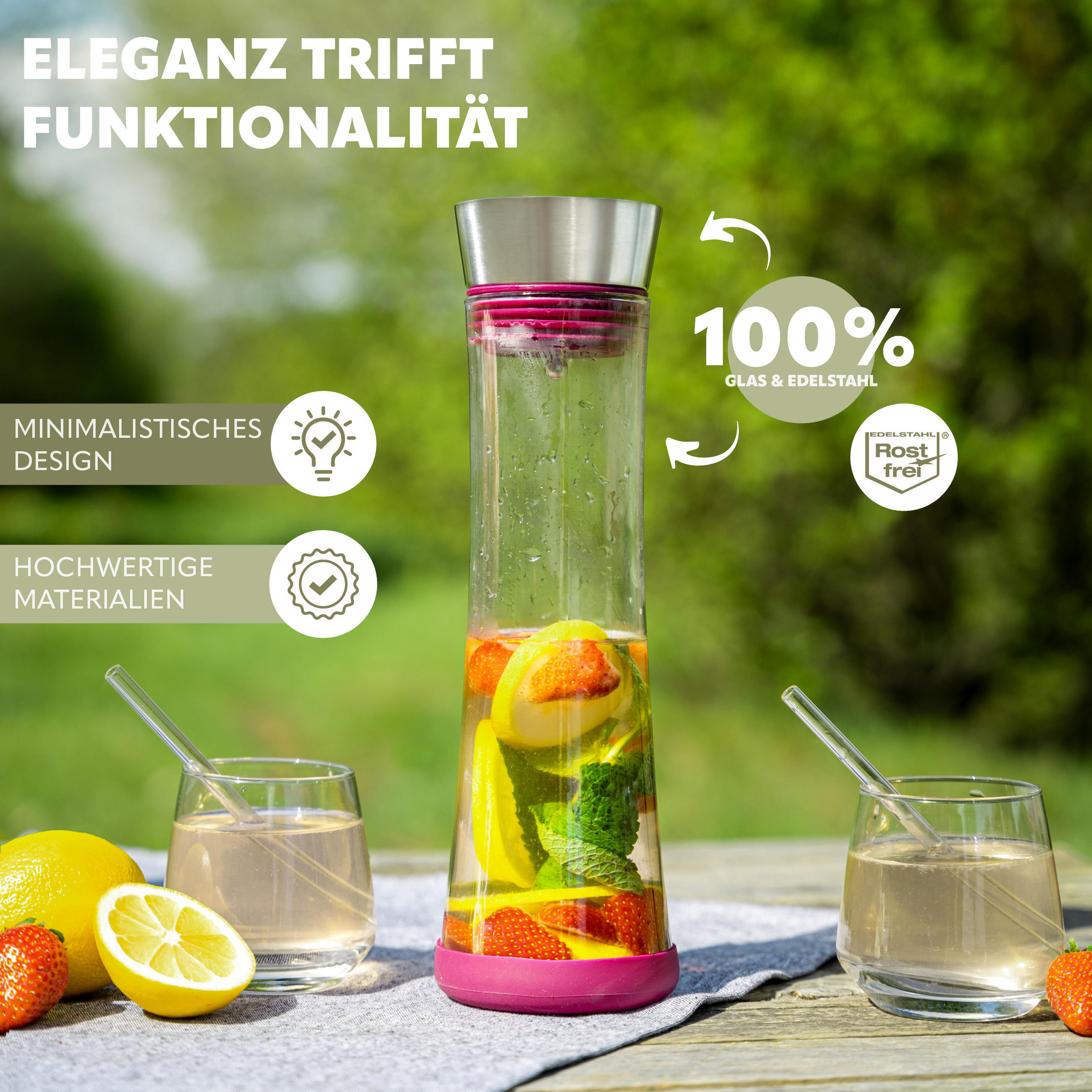 GLASKARAFFE 1 Liter CAROLA, lila, Edelstahl, Silikon - Magenta, Glas (1L) - bremermann