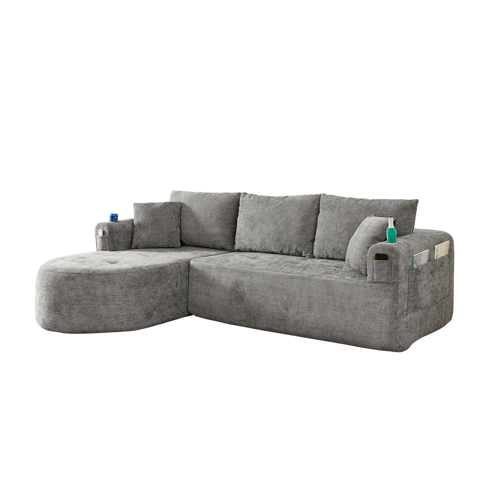 ECKSOFA L-Form montagefrei mit Edelstahl-Becherhalter, Seitentaschen und Leinenoptik, Grau - Grau, Textil (255/170cm) - Redom
