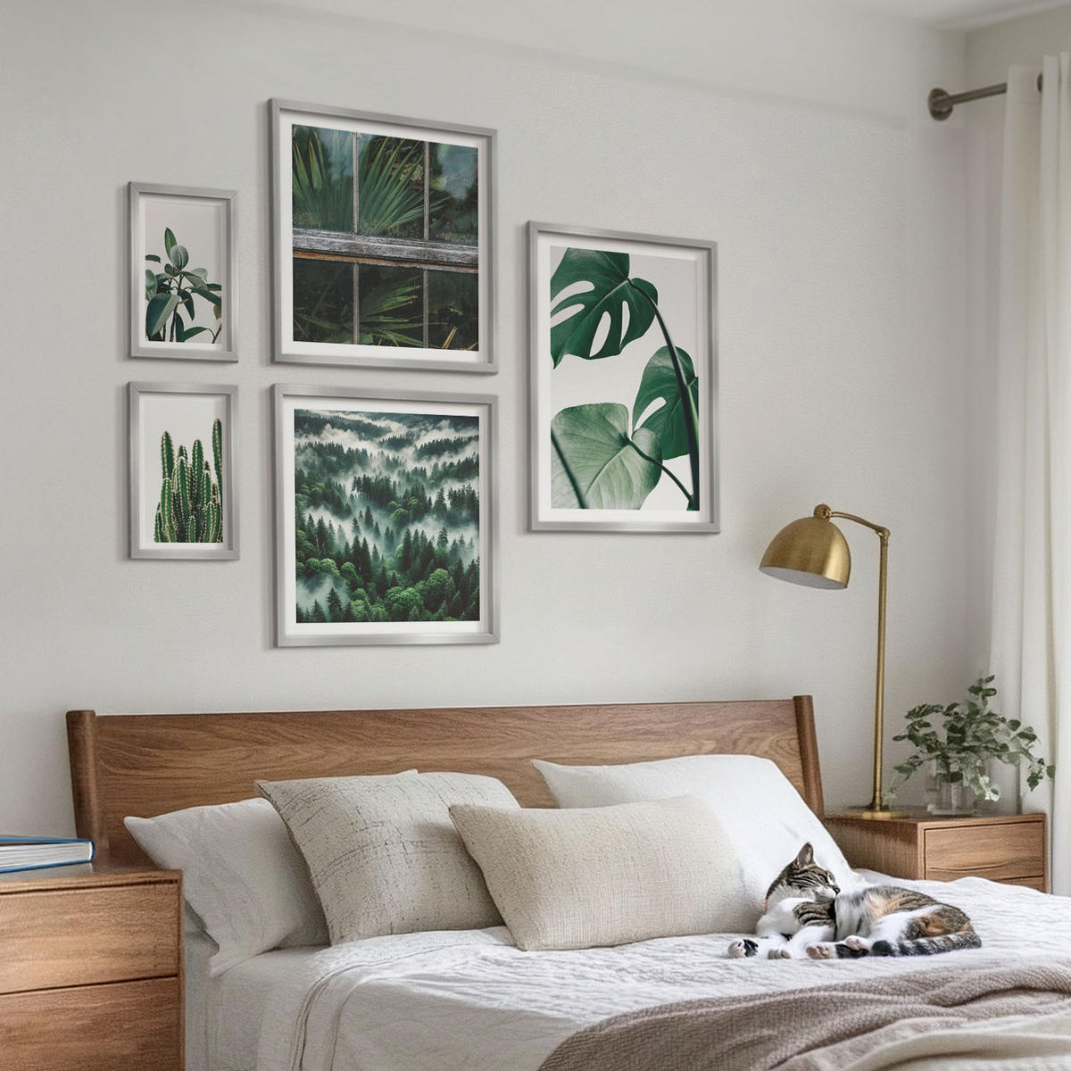 WANDBILDER 5er Set - 50x50 cm & 20x30 cm & 40x60 cm Silberner Rahmen - Ästhetik tropischer Pflanzen - Silberfarben, Kunststoff (40/60cm) - ArtPrintCave