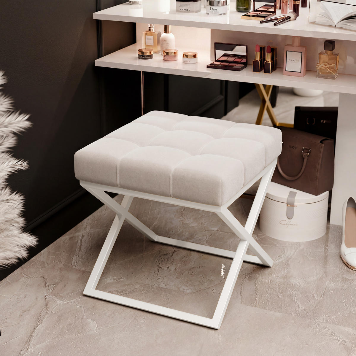 HOCKER LIND 45/45/45 cm, Weiß / Hellbeige - Sandfarben/Weiß, Textil/Metall (45/45/45cm) - Idohome