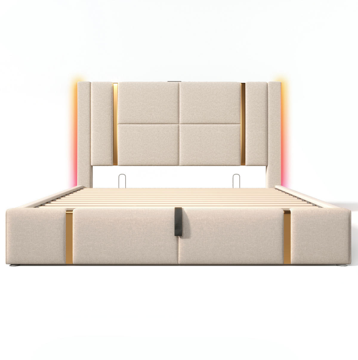 POLSTERBETT mit LED-Beleuchtung 180/200 cm mit Bettkasten und USB-C - Beige, Textil (180/200cm) - BEAOK