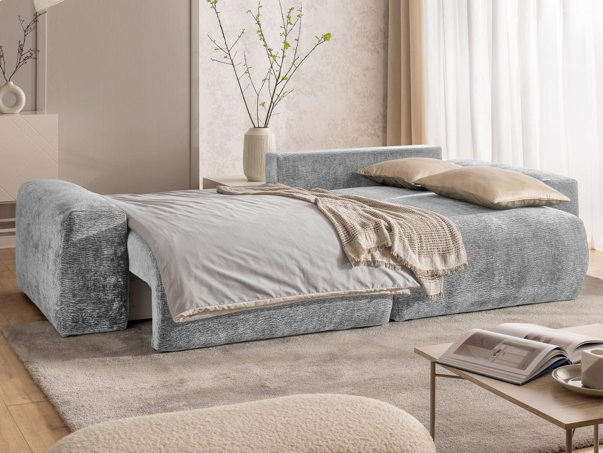 ECKSOFA Puffy mit Schlaffunktion und Bettkasten - besonders weich und puffig aus Hellgrau Stoff mit Chenillestruktur - Ottomane rechts - Hellgrau/Schwarz, Holz/Kunststoff (266/138cm) - S-Style Möbel