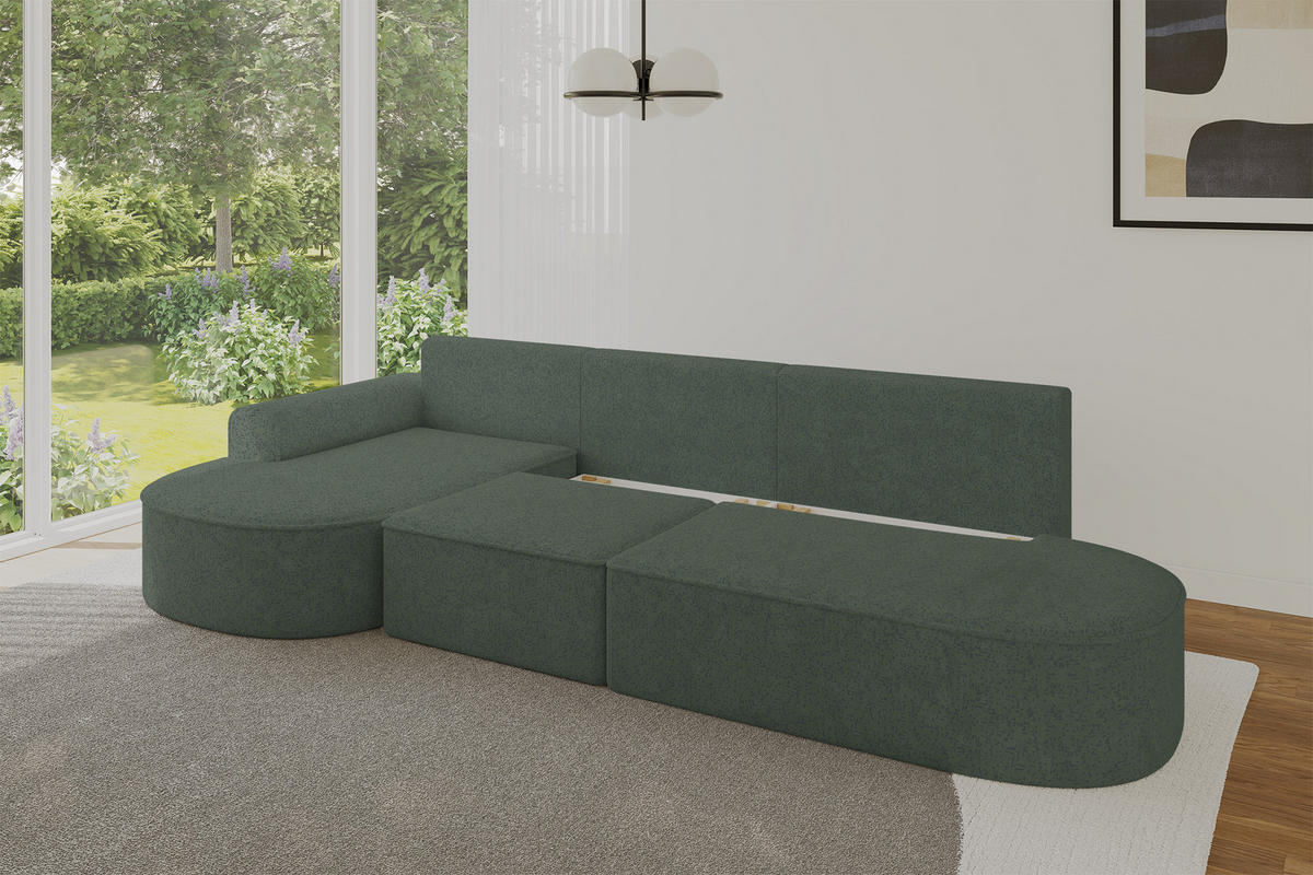 ECKSOFA mit Schlaffunktion Ottomane Links MARI L2-S 368X167X85 Grün Velours - Schwarz/Hellgrün, Holzwerkstoff/Kunststoff (368/167cm) - ALTDECOR