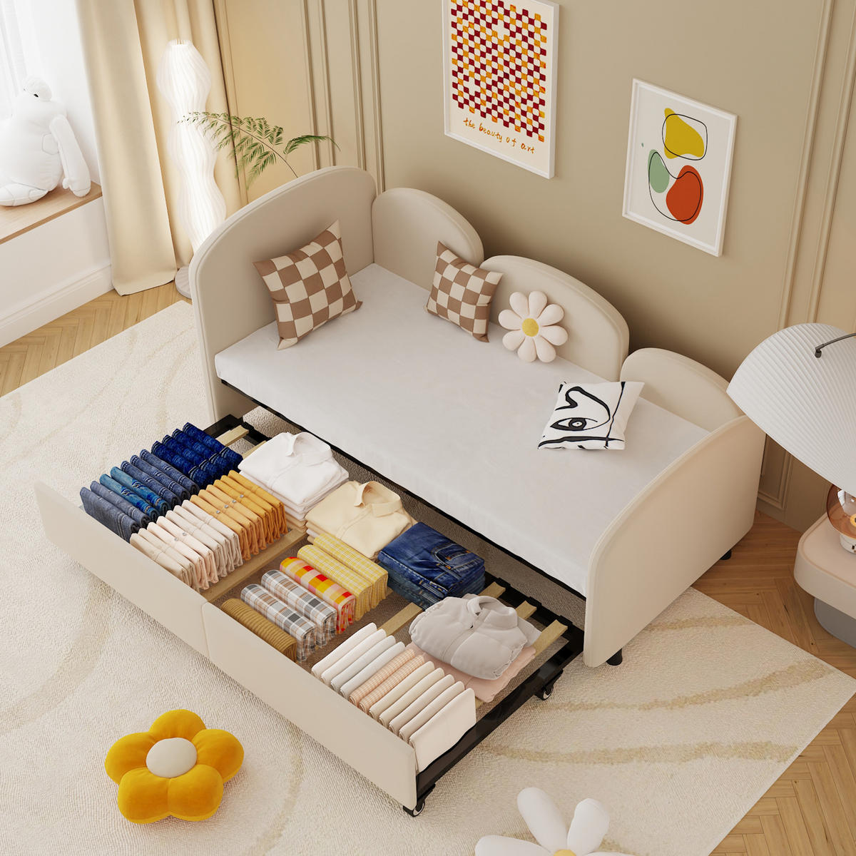 KINDERBETT 90/200 cm in Beige Samt mit Schublade - Beige, Holzwerkstoff/Textil (90/200cm) - WISHDOR