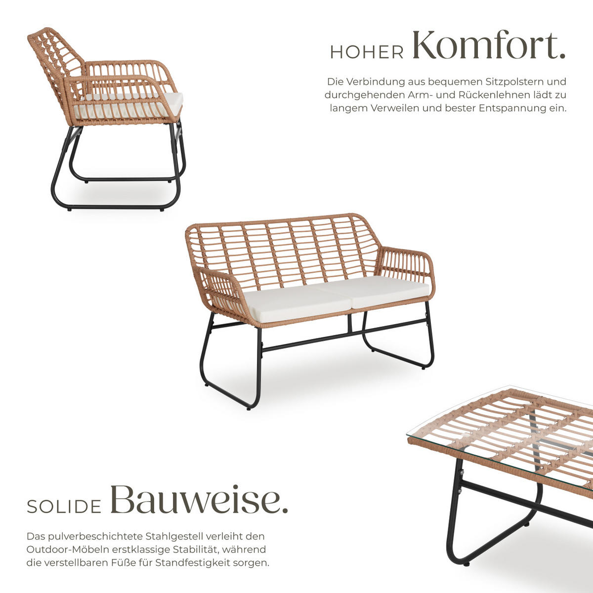 RATTAN-SITZGRUPPE Molfetta Xl,höhenverstellbare Kunststofffüße,natur - Naturfarben, Kunststoff - tectake