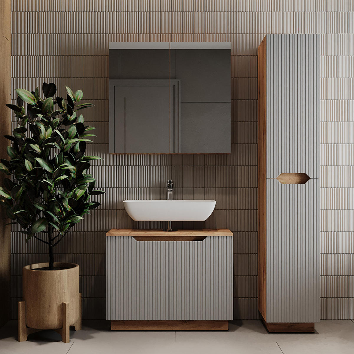 BADMÖBEL-SET Lotta Eiche/grau gestreift 3 Teile - Eichefarben/Grau, Holzwerkstoff (79.6/62.5/32cm) - Vicco