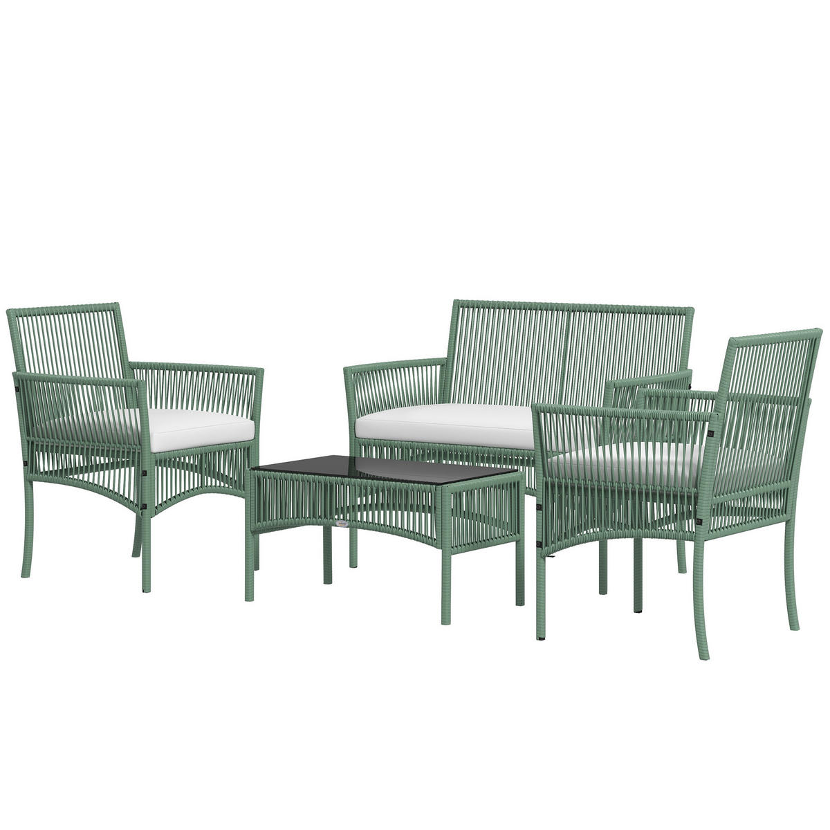 GARTENSET DE-13598 4-teilig mit Glastisch & 5 cm Kissen Natur - Grün, Metall - ComfortXL