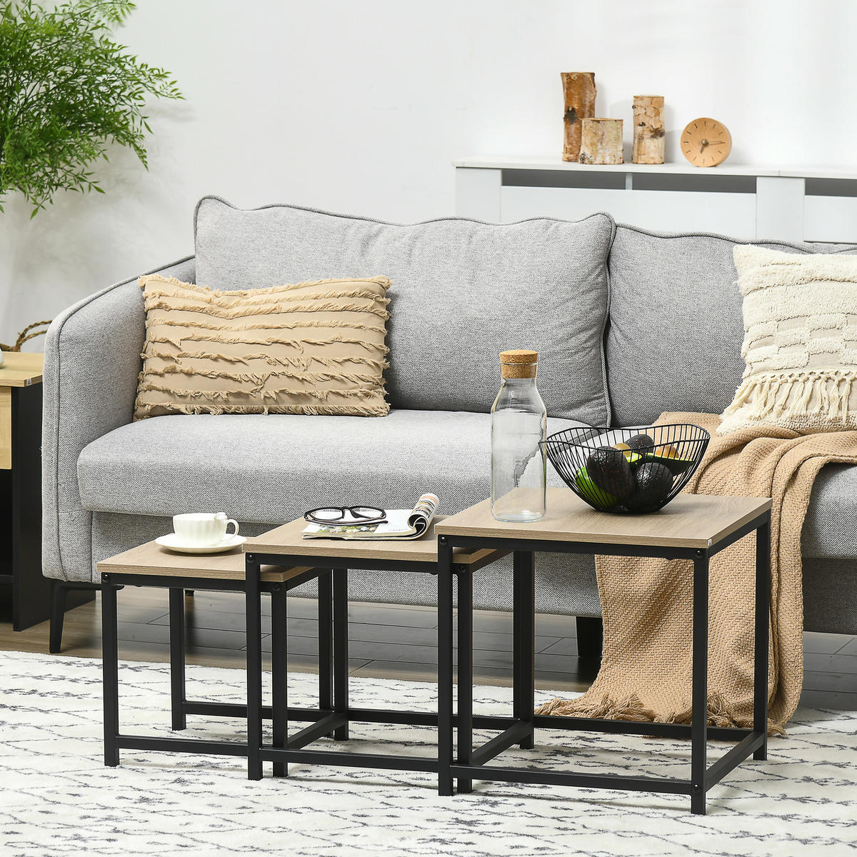 COUCHTISCH-SET eckig, Spanplatte, Naturholz - Naturfarben, Holzwerkstoff/Metall (45/45/44cm) - HOMCOM