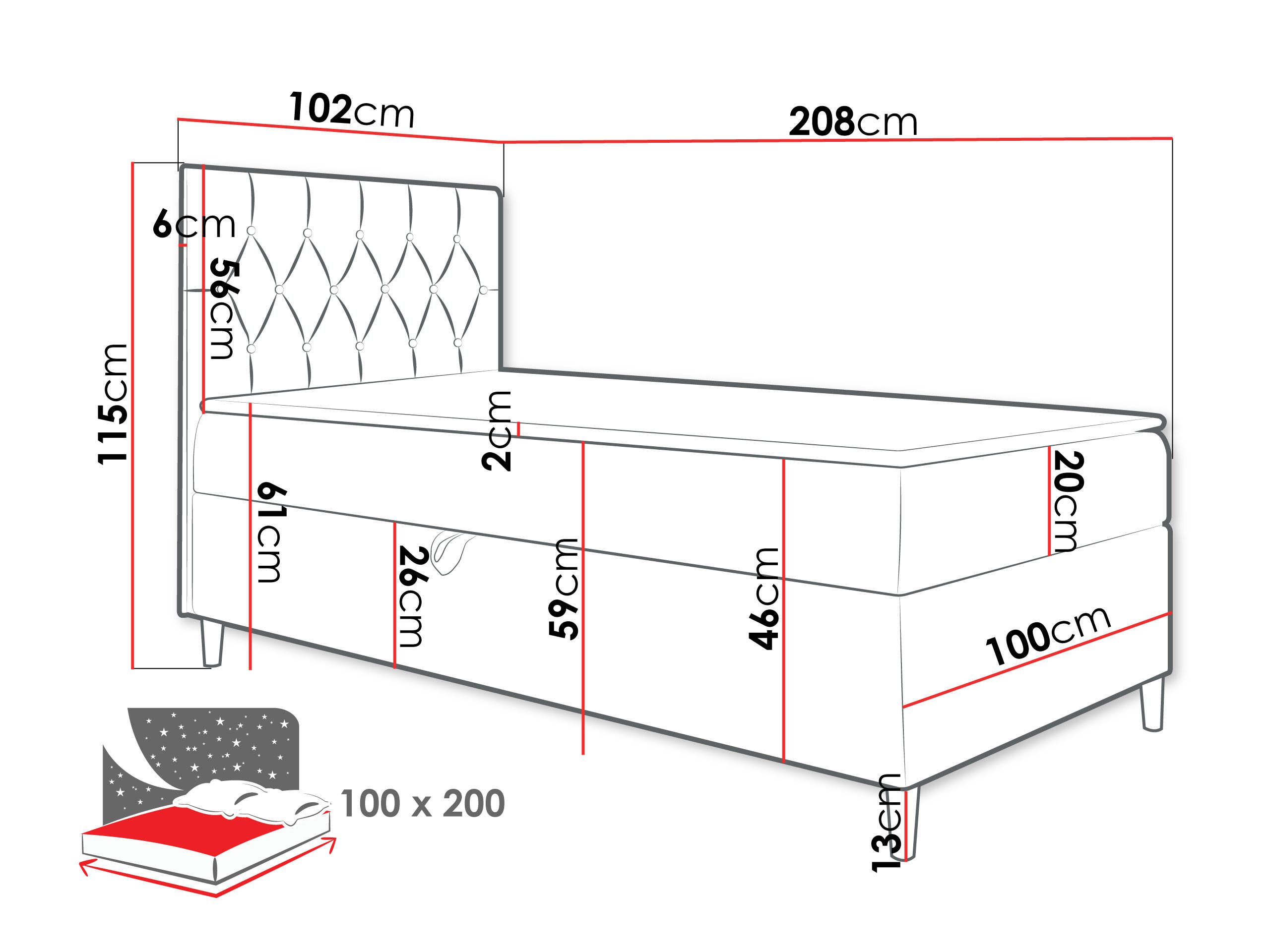 Thumbnail - Mirjan24 Boxbett, Weiß, Grau, Holz, H3, 100x200 cm, Schlafzimmer, Betten, Boxspringbetten