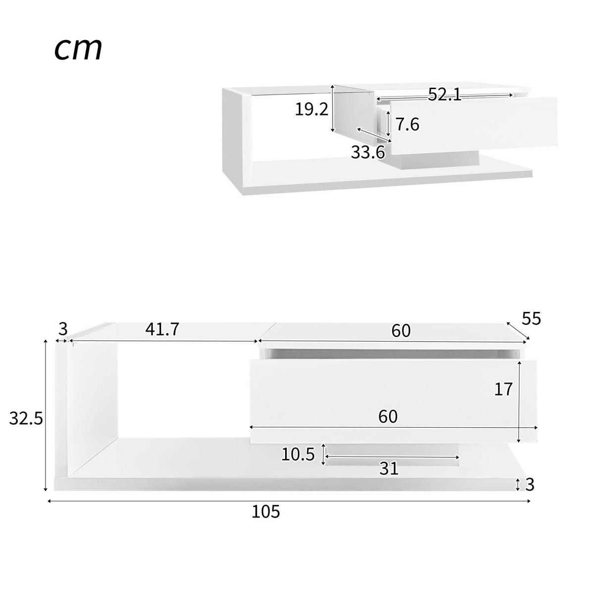 COUCHTISCH LED 105x55x32,5 cm, Glas, Schublade, Weiß - Weiß, Holz (55/105/32cm)