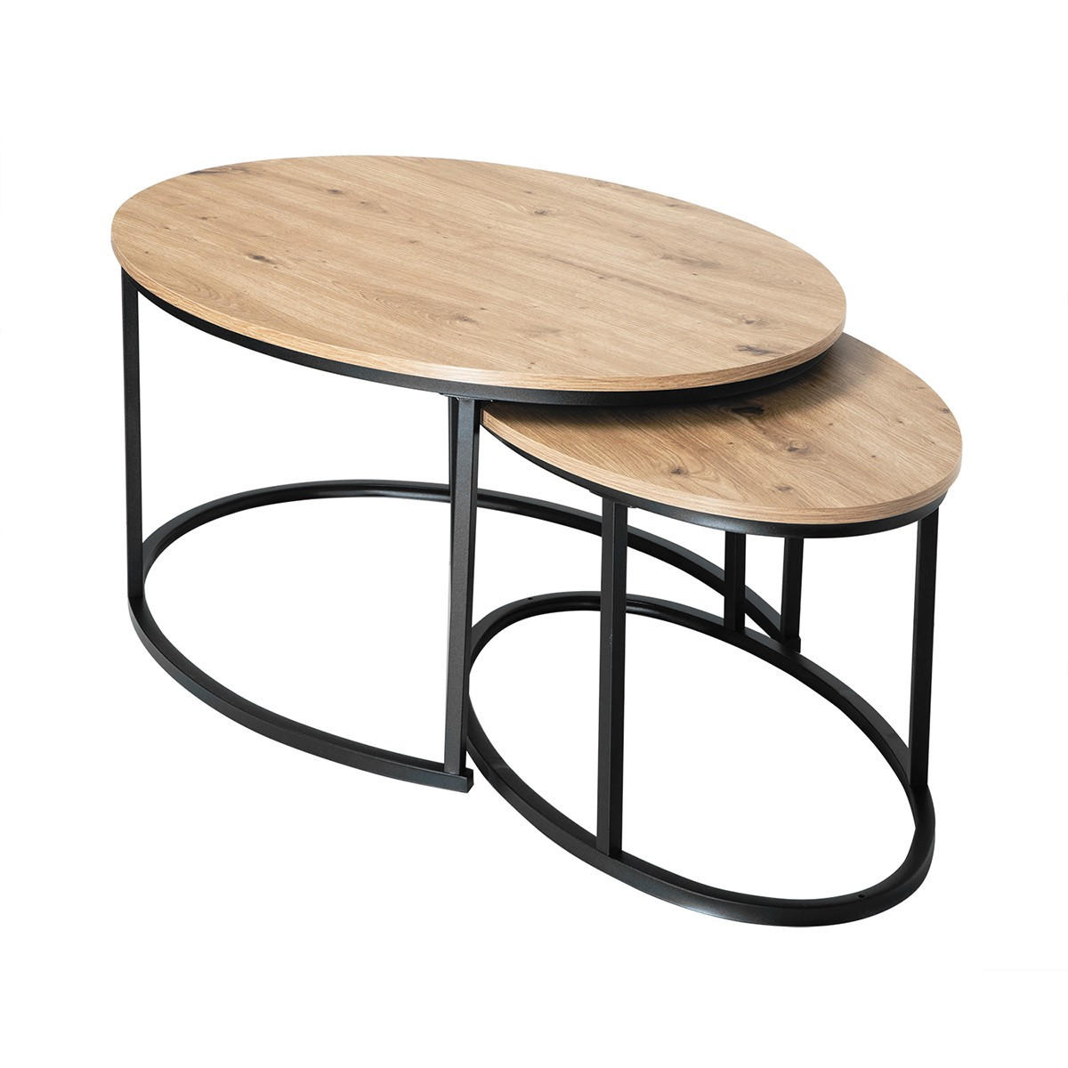 SET med 2 ovala soffbord i ekeffekt, 90 cm långa - LENNY - Askfärgad, Träbaserade material (66/60/45cm) - Calicosy