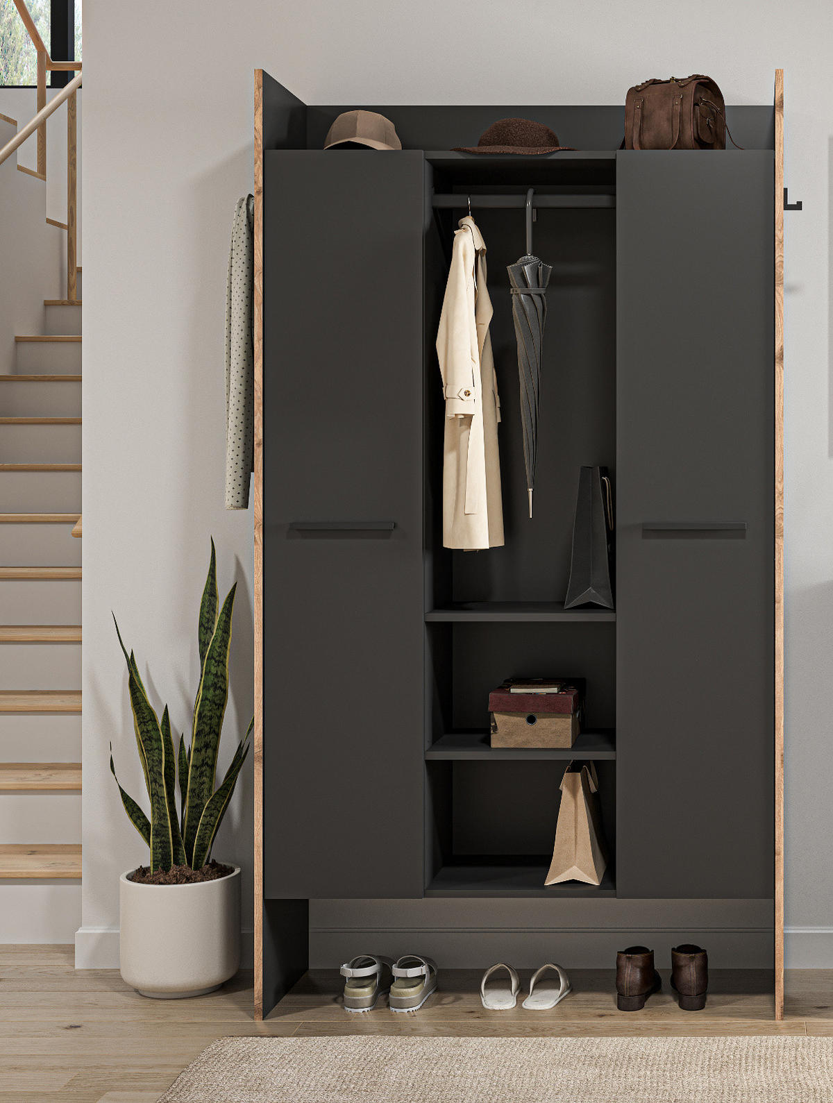 GARDEROBE grau und Nox Eiche, Kompaktgarderobe 105 x 189 cm, Salud - Dunkelgrau/Schwarz, Holzwerkstoff/Kunststoff (105/189/37cm) - Inn.Furn