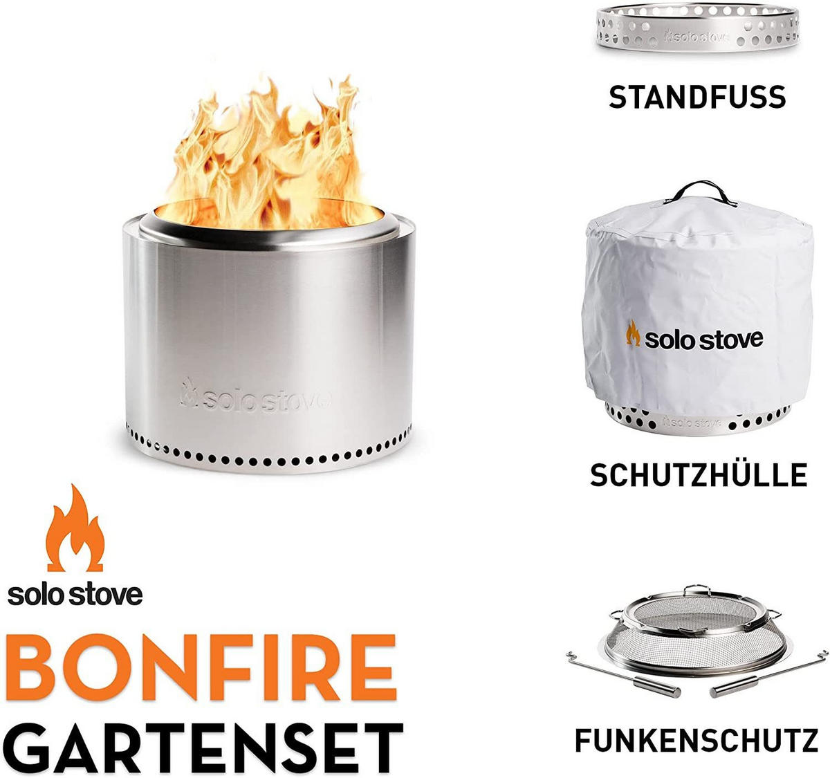 FEUERSCHALE Bonfire (III) – Edelstahl Outdoor-Kamin Ø49,5 cm, Raucharm, Tragbare Feuerstelle mit Standfuß für Garten & Terrasse - Silberfarben, Metall (49.5/44.5/49.5cm) - Solo Stove