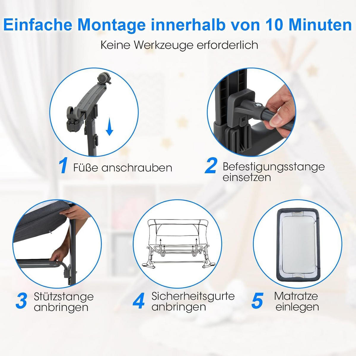 BABYWIEGE mit Matratze dunkelgrau - Dunkelgrau, Textil - COSTWAY