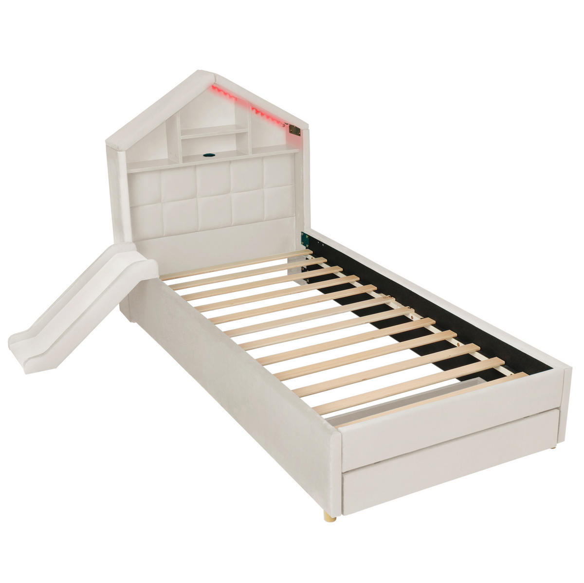 KINDERBETT-POLSTERBETT aus Samt 90x200 cm Beige mit LED-Beleuchtung, Ladeanschluss, Rutsche und Bettkasten - Beige, Textil (90/200cm) - Modfu