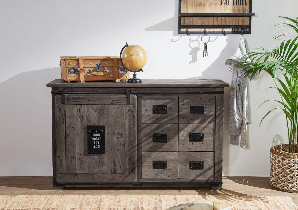 SIDEBOARD Mango 140x45x85 grau lackiert RAILWAY #221 - Grau, Holz (140/85/45cm) - Massivmoebel24
