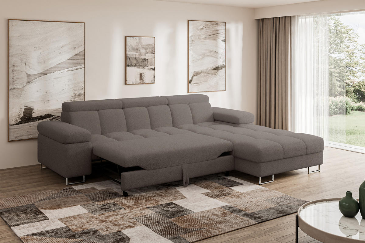 ECKSOFA mit Schlaffunktion Ottomane Rechts COMA L 271x203x79 Braun Bouclé - Dunkelbraun, Holzwerkstoff/Textil (203/271cm) - ALTDECOR