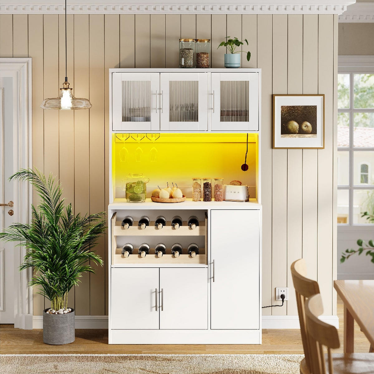 KÜCHENSCHRANK MIT RGB-LED UND STECKDOSE, Weinregal, MDF Weiß, Moderne Kaffeebar, 100/180/40 cm - Weiß, Kunststoff (40/180/100cm) - Rolipo