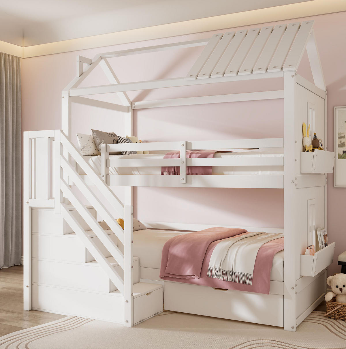 HAUSBETT 90/200 cm in Weiß mit Stauraumtreppe und Schubladen - Weiß, Holz (90/200cm) - BEAOK
