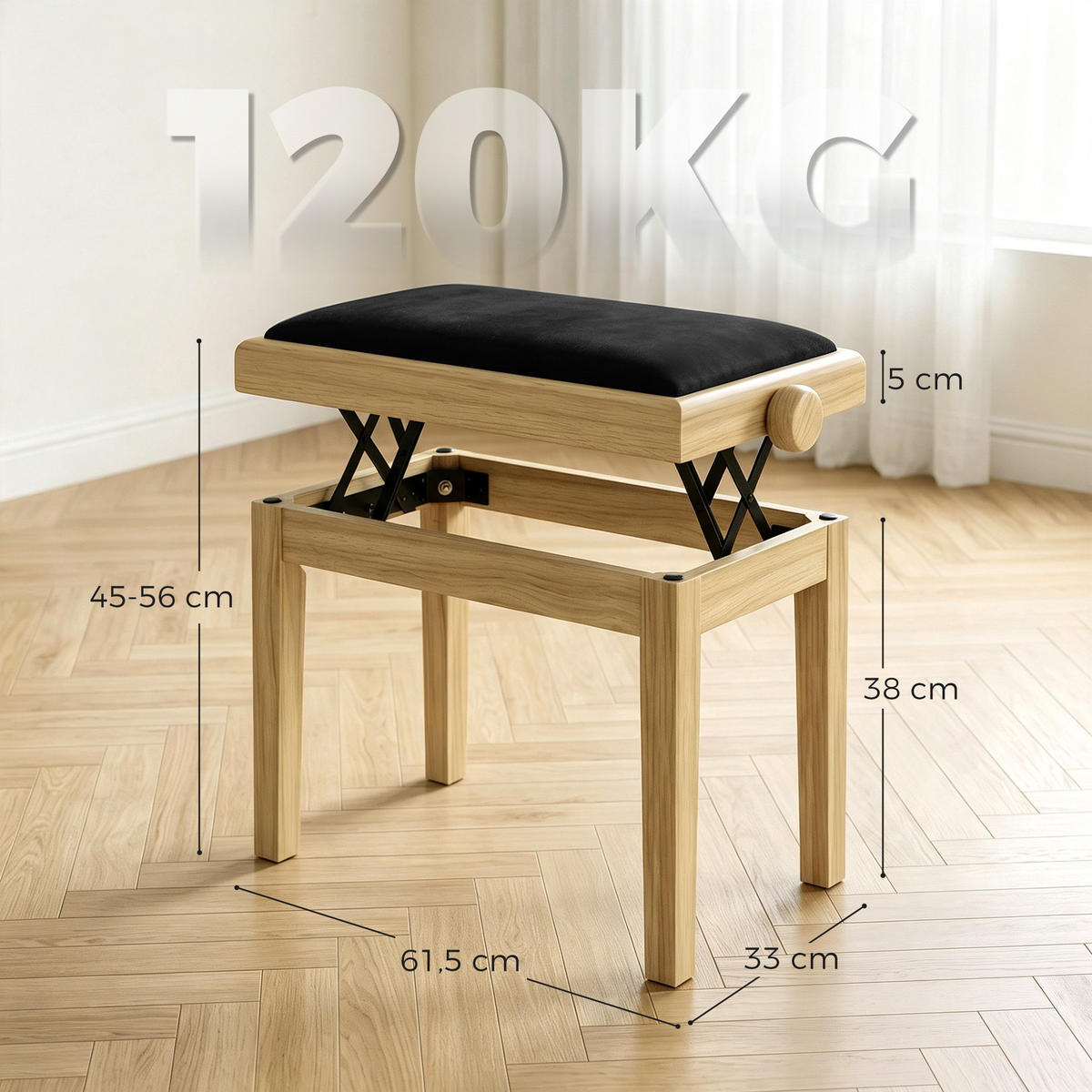 KLAVIERBANK PANG-9K4F7D Schwarz Naturfarben - Schwarz, Holz (33/56/61.5cm) - PANGIVO