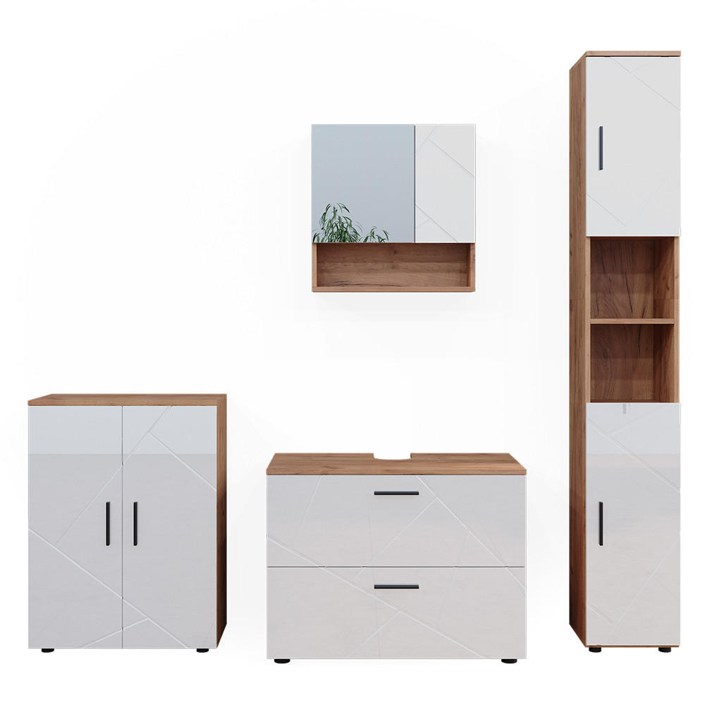 BADRUMSMÖBELSET Irma Vit högblank/Goldkraft ek 4 delar, med lådskåp och midi-skåp Vit högglans, Honungsek 58/80/41 cm