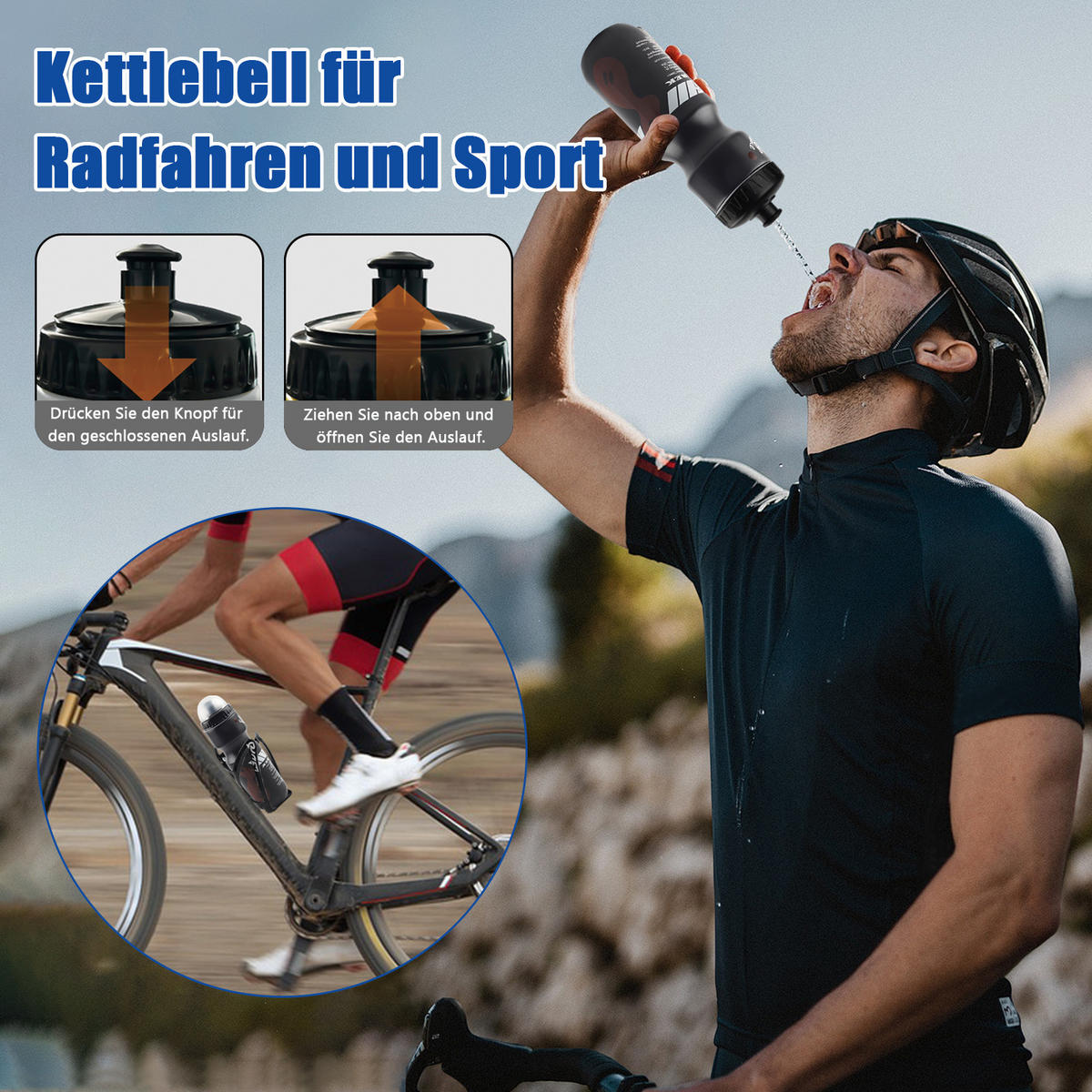 FAHRRADZUBEHÖR Set 8in1, LED-Licht, Satteltasche, Trinkflasche & Schloss - Schwarz, Textil (17/39/35cm)