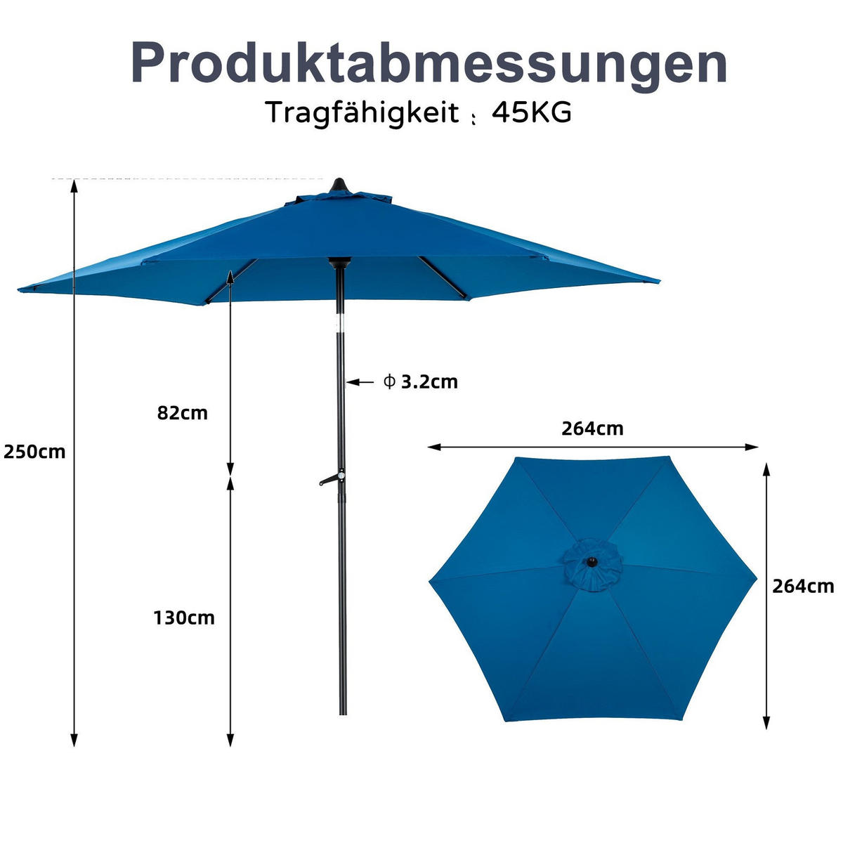 SONNENSCHIRM 264x264cm,Aluminium,Sonnenschutz,Dunkelblau - Dunkelblau, Metall (264/264cm) - LVHOM