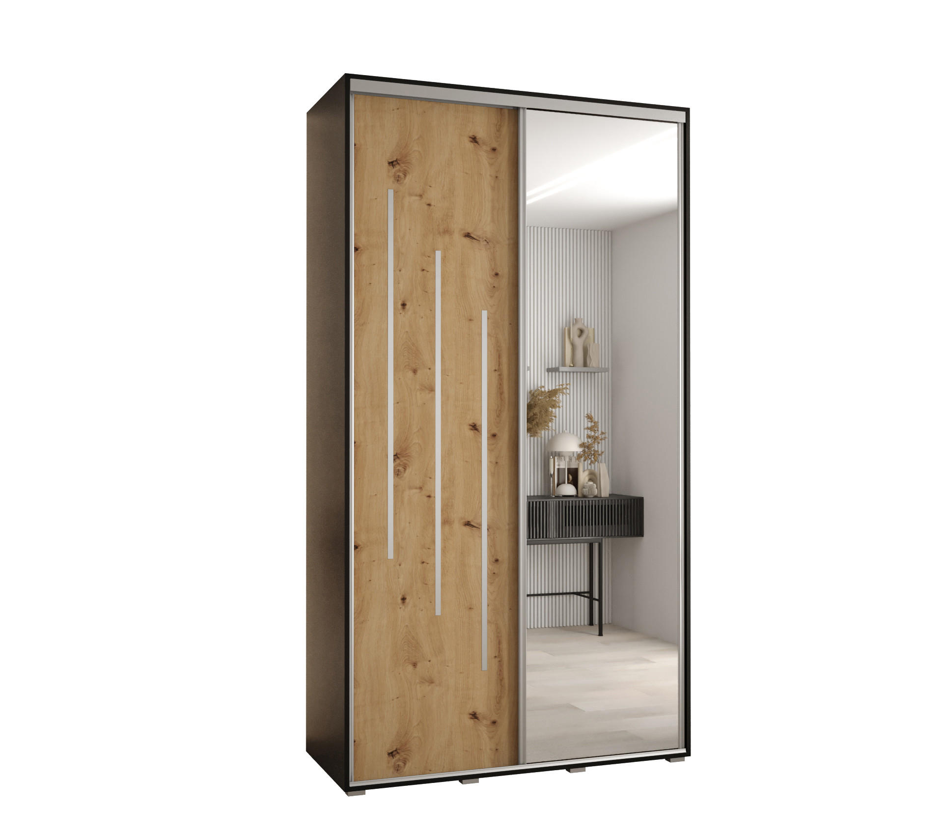 Abiks Möbel Schwebetürenschrank Schwarz, Eiche Artisan, Silber 130x235x45 cm