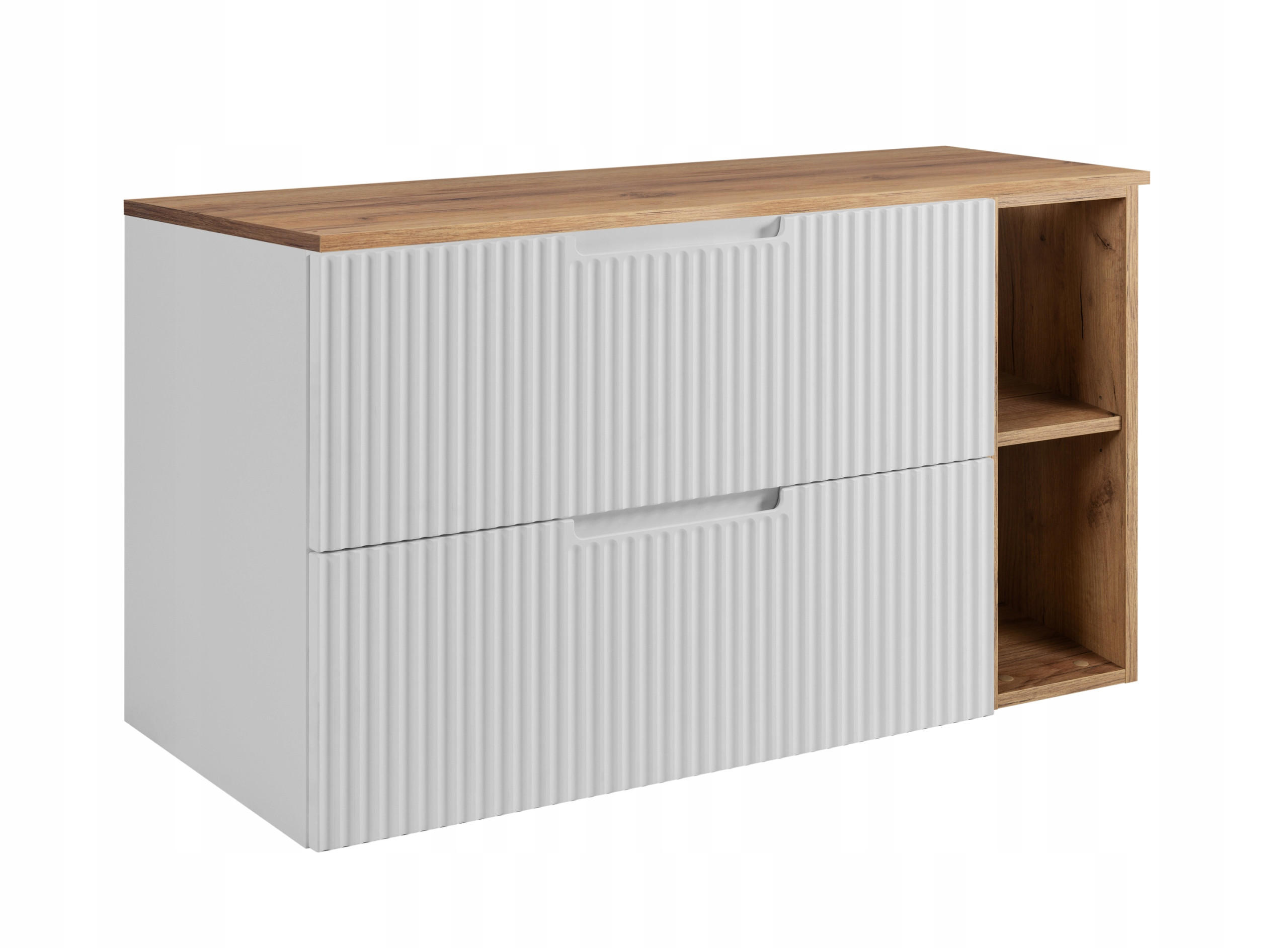 WASCHBECKUNTERSCHRANK VENA 100 cm mit Arbeitsplatte Farbe: Eichen Craft mit einem Regal Gerillte Vorderseite Mattweiß - Eichefarben/Weiß, Holzwerkstoff (100/58/46cm) - Rodan