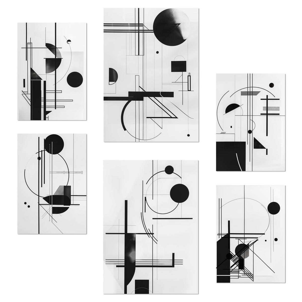 POSTER Set Mit 6 Bauhaus Schwarz Weiß Linien Und Formen A3 & A4 Rahmenlos - Klar, Papier (29/3cm) - Nacnic