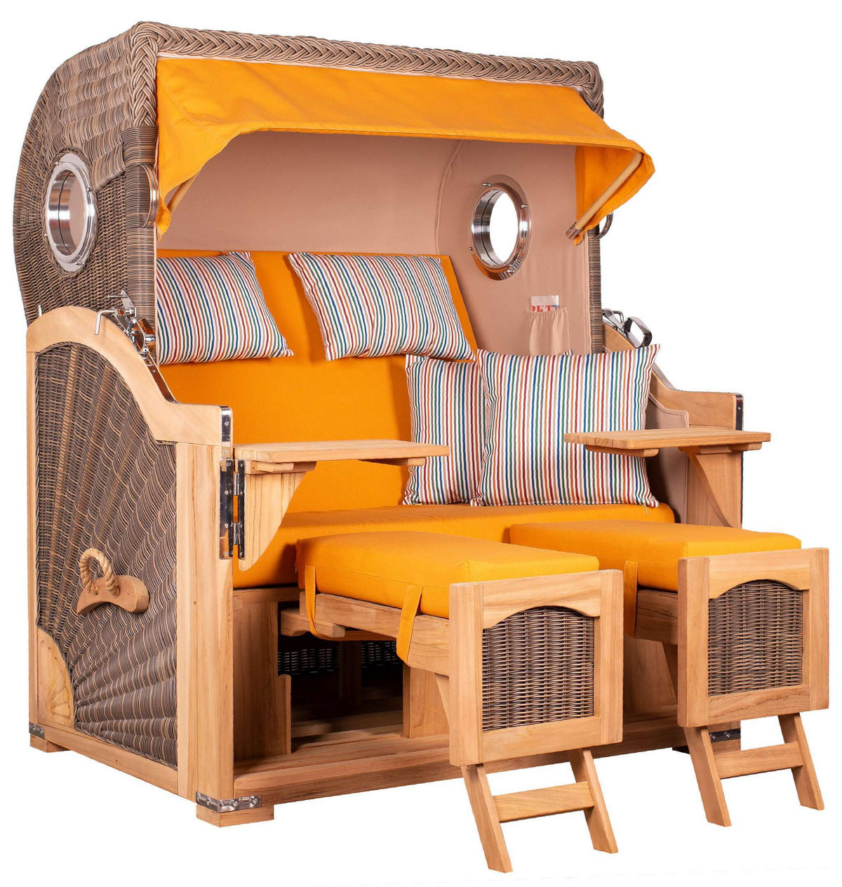 STRANDKORB Düne Grande Bullauge Teak PE Grey Dessin 586 - Gelb/Braun, Metall (142/170/95cm) - Mr. Deko