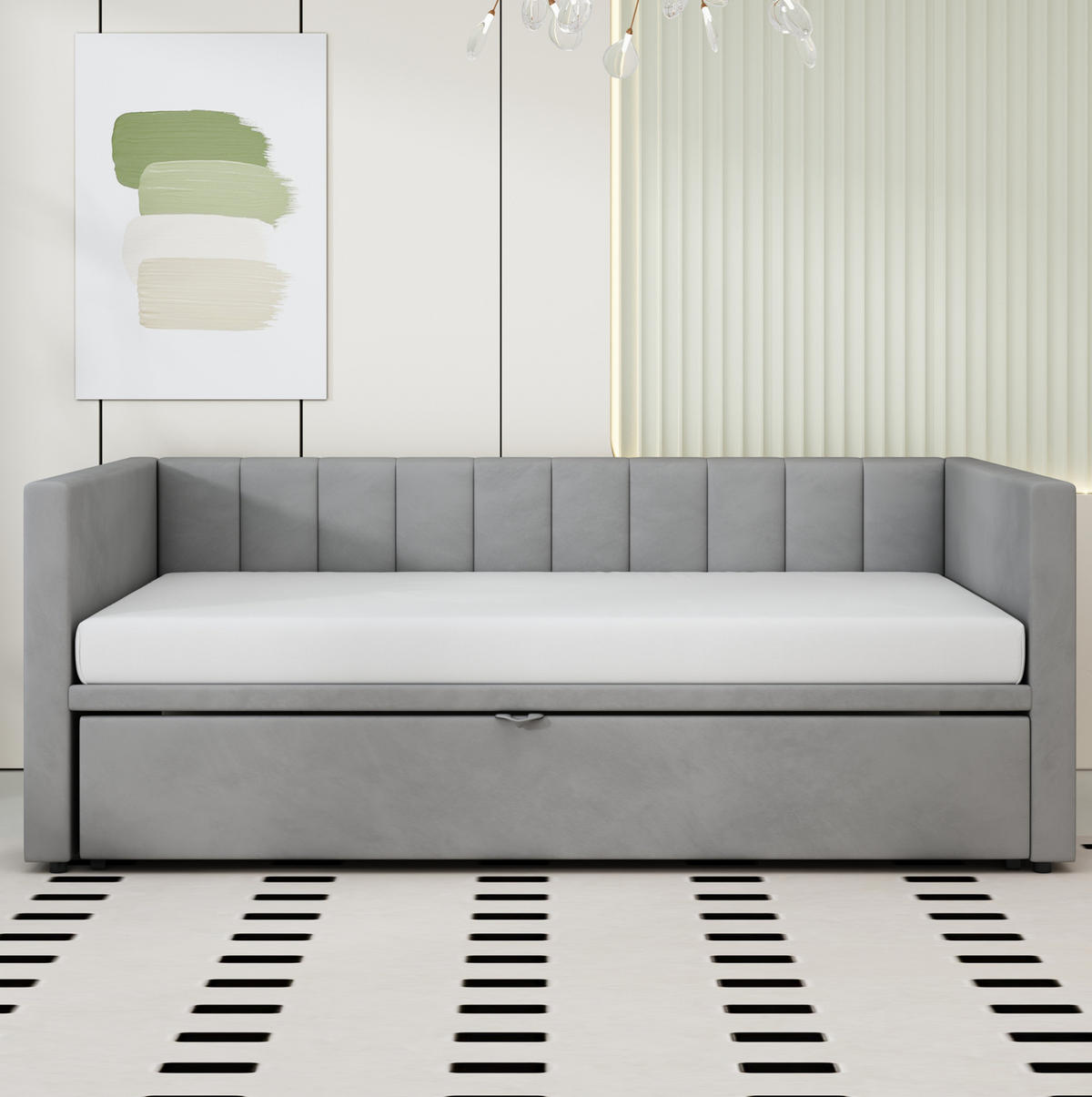 TAPECIRANI krevet od baršuna 90x200/180x200 cm sivi, izvlačni okvir s letvičastom podlogom i naslonima - siva, koža (90/190cm) - Modfu