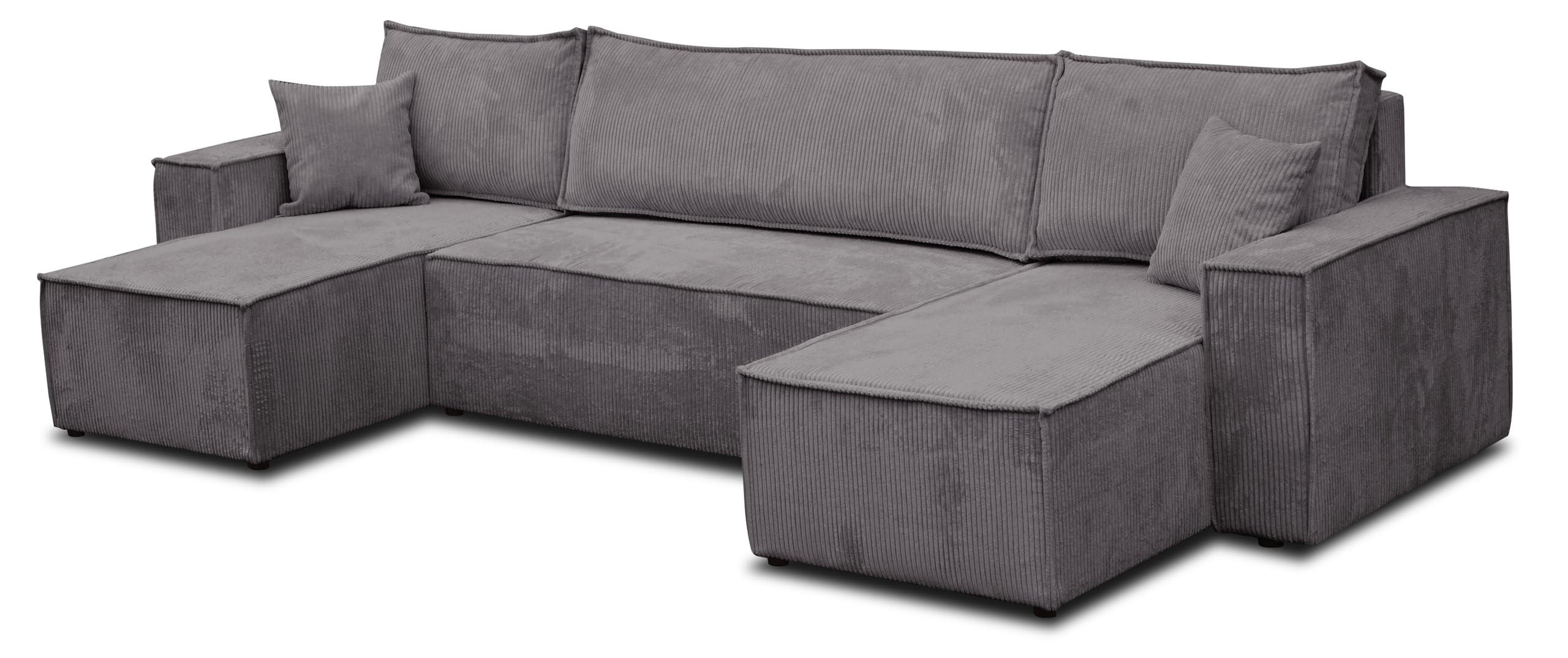 WOHNLANDSCHAFT Hugo U-Form Cordstoff mit Schlaffunktion und Bettkasten - Dunkelgrau, Textil (312/83/142cm) - VENASI MÖBEL