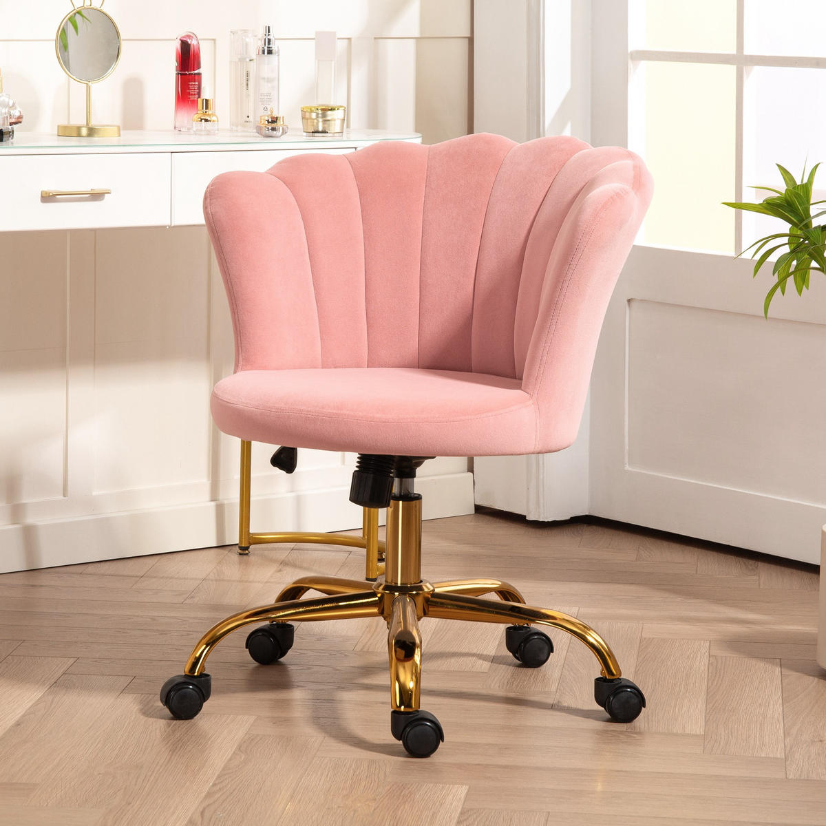 DREHSTUHL DE-11750 höhenverstellbar Teddy-Plüsch Creme - Pink, Textil (64/90/69cm) - ComfortXL