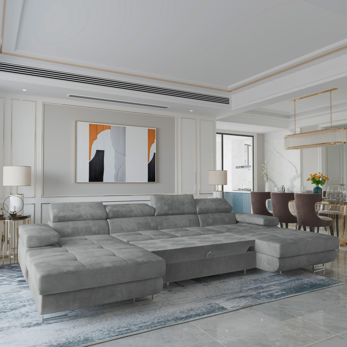 WOHNLANDSCHAFT LYKKE Grau Velours-Stoff mit Schlaffunktion - Grau, Holz (353/90/202cm) - MASSENO