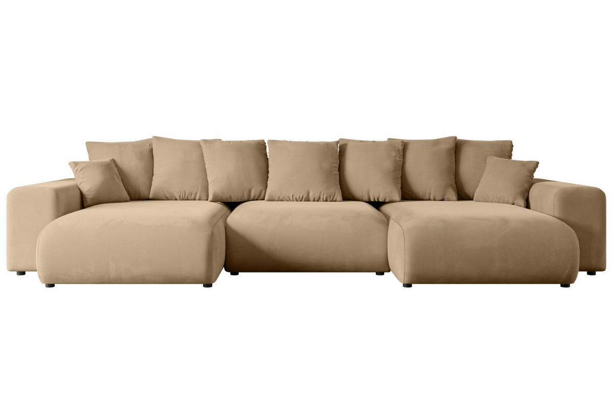 WOHNLANDSCHAFT mit Schlaffunktion und Bettkasten ESKAR-U -352x165x84cm Beige Velours - Beige/Schwarz, Holzwerkstoff/Kunststoff (352/84/165cm) - ALTDECOR
