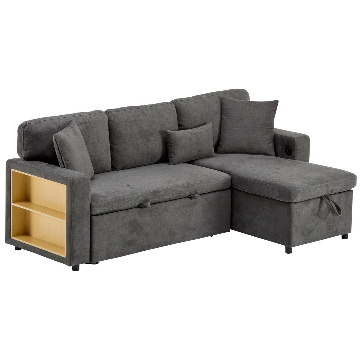 ECKSOFA mit Schlaffunktion und integriertem USB-Anschluss Dunkelgrau Oxford-Stoff 214/131/87 cm - Dunkelgrau, Textil (215/131cm) - OKWISH