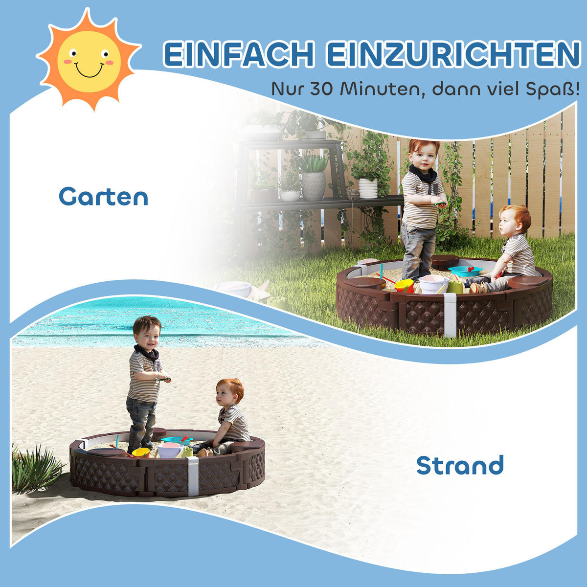 SANDKASTEN Runde Sandkiste für bis zu 3 Kinder, mit 3 Sitzen, Dunkelblau - Braun, Kunststoff (120/120/22cm) - AIYAPLAY