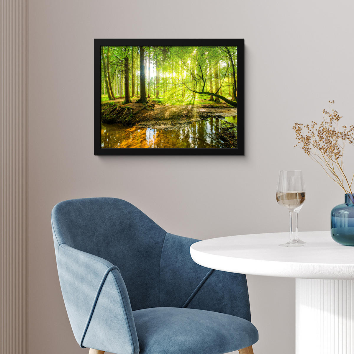POSTER MIT RAHMENGERAHMTES BILD Wald - Landschaft - Wasser - Bäume - Sonne - Grün - Natur 40x30 cm - Grün, Papier (40/30cm) - MuchoWow