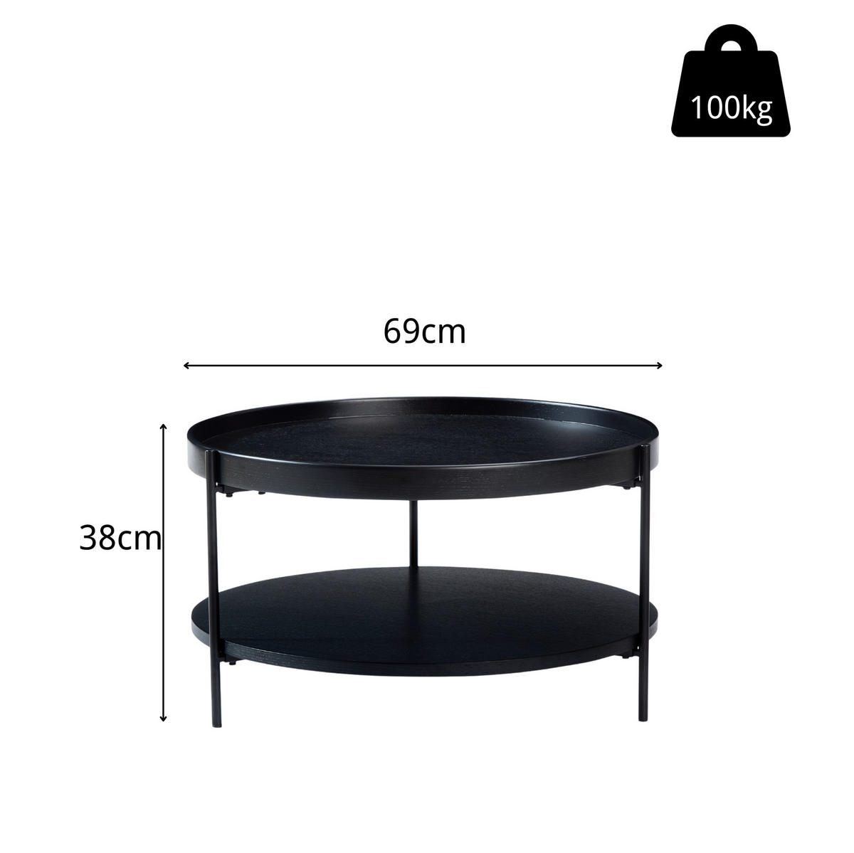 COUCHTISCH 69/69/38 cm mit 2 Ablagen und Metallgestell aus Massivholz und MDF, Schwarz - Schwarz, Holzwerkstoff (69/69/38cm) - Redom