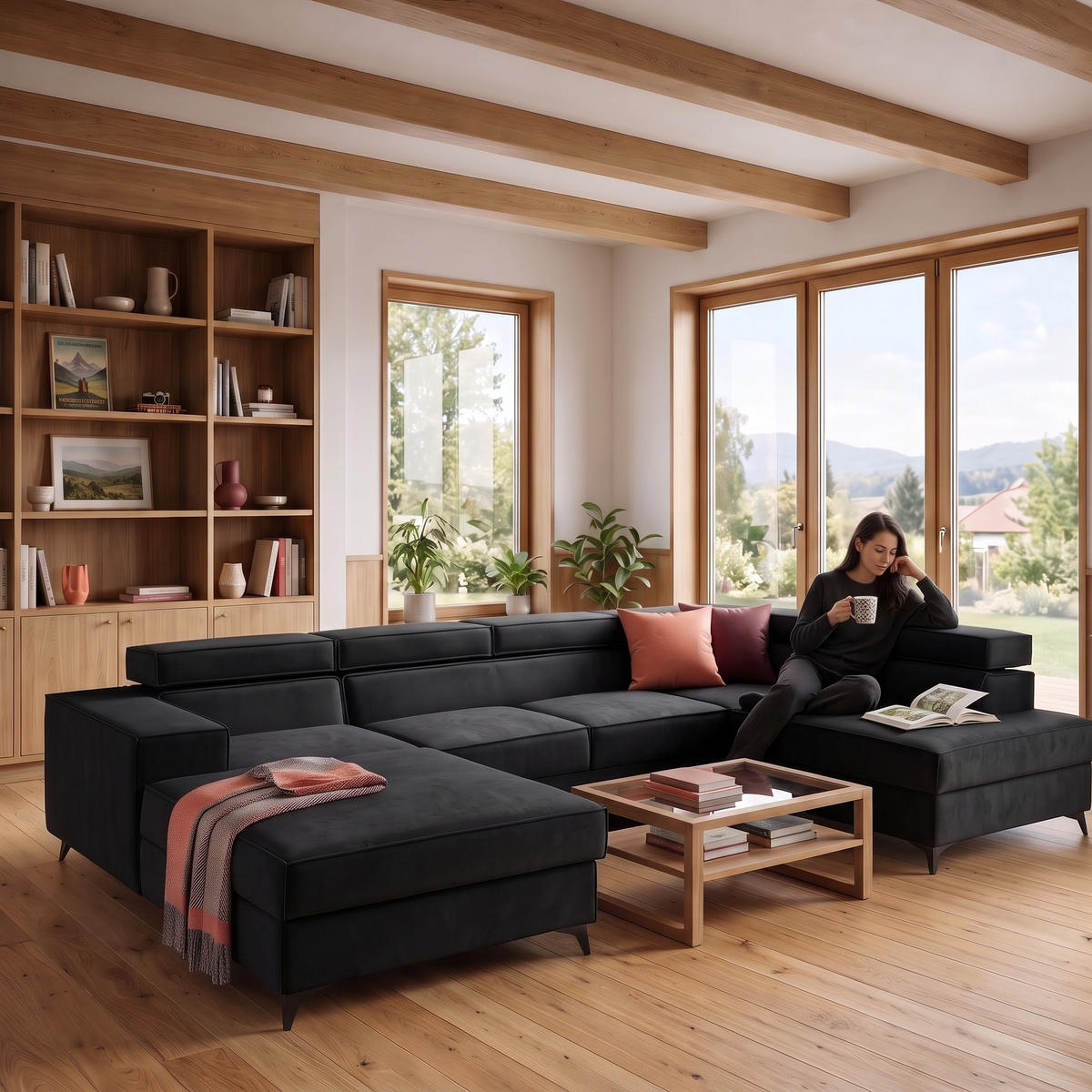 ECKSOFA PURE U Rechts mit Schlaffunktion 127x270 Velours Graphit - Graphitfarben/Schwarz, Holz/Textil (204/340cm) - Muffo