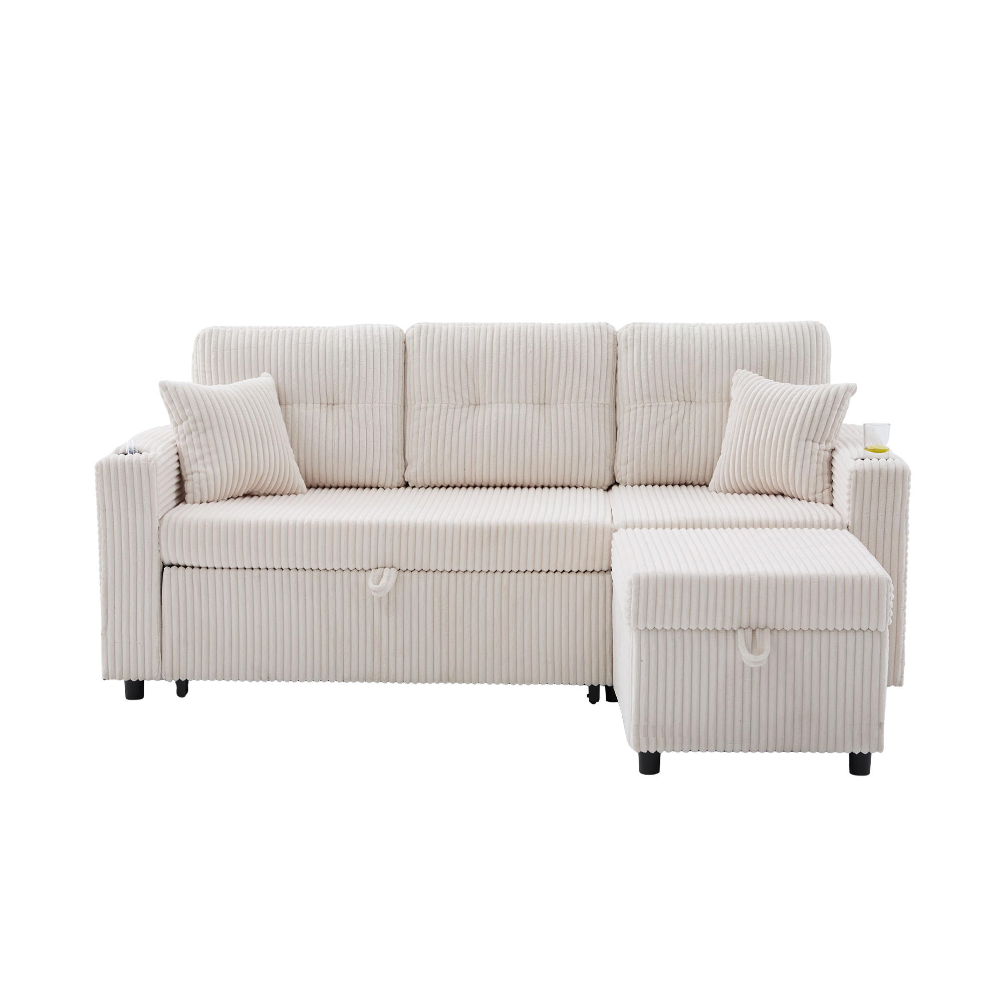 ECKSCHLAFSOFA 196/144/85 cm Beige mit Stauraum, USB-C, Ambientebeleuchtung und Getränkehaltern - Beige, Textil (196/82cm) - Oxeza