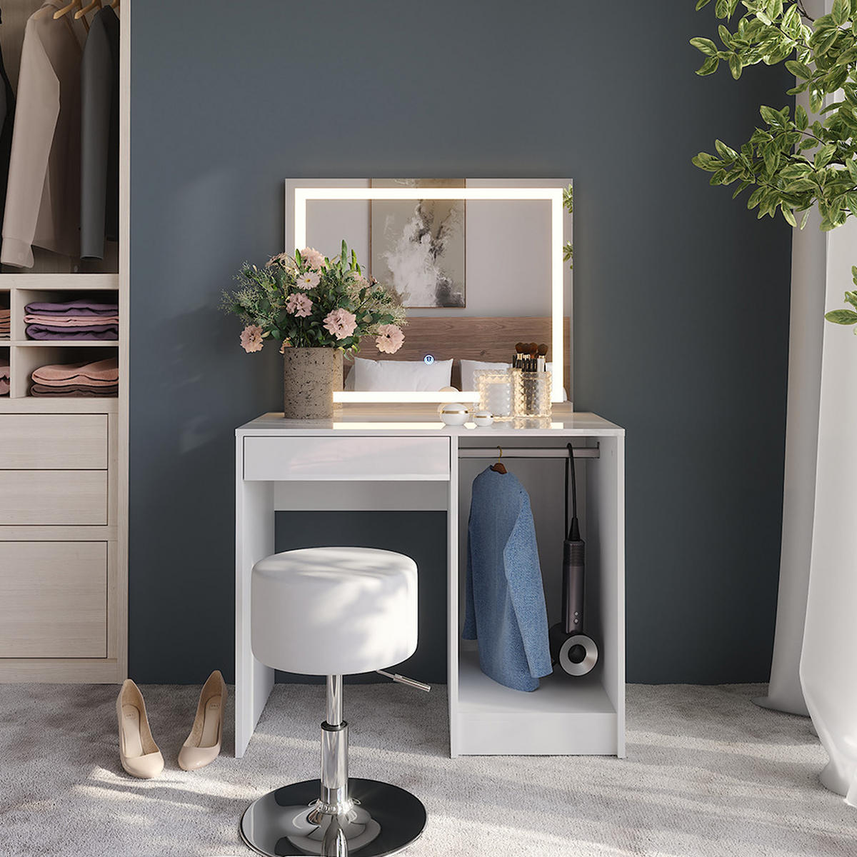 SCHMINKTISCH Sherry Weiß/Weiß Hochglanz 89.8 cm mit LED-Spiegel und Hocker - Weiß Hochglanz, Holzwerkstoff (89.8/76/50.1cm) - Vicco