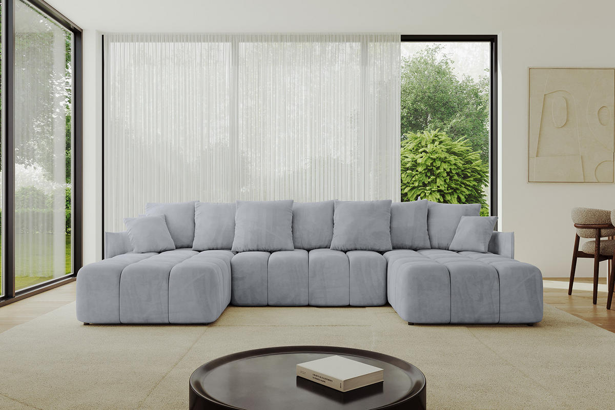 WOHNLANDSCHAFT LONLI-U 355x189x68 Hellgrau Velours - Titanfarben, Holzwerkstoff/Kunststoff (355/68/189cm) - ALTDECOR